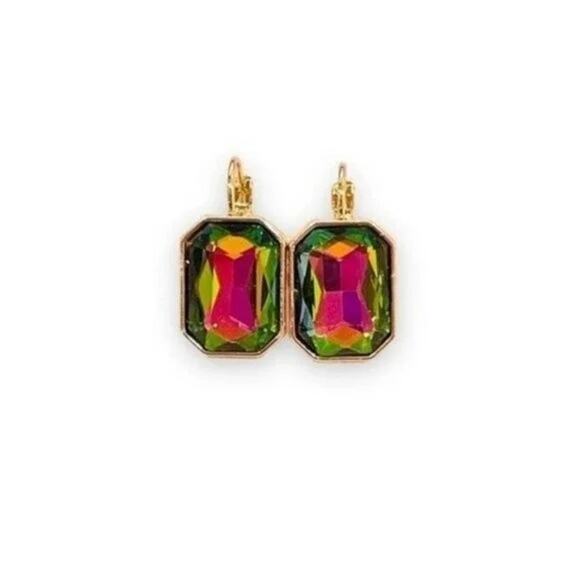 Green Iridescent Crystal Drop Dangle Earrings - Picture 6 of 6